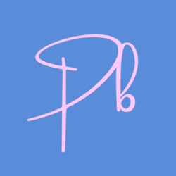 A logo made up of the letters P and B in a script front. The letters are pink and the background blue.
